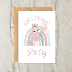 Tarjeta de cumpleaños de bailarina arcoíris / Tarjeta de cumpleaños personalizada para niñas / Tarjeta de felicitación personalizada / Cumpleaños / Niñas / Rosa / Nombre / A6 / 5x7