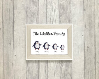 Penguin Family Print | Personalised Wall Art | Custom Home Decor | Gift Idea | Housewarming | Gift For Parents | A4 | 8x10 | A3