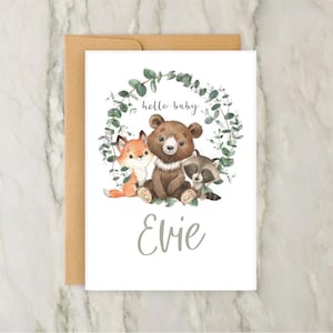 Woodland Animal New Baby Card | Gepersonaliseerde nieuwe babykaart | Aangepaste naamkaart | Nieuwe kaart voor ouders | Gefeliciteerd | A6 | 5x7