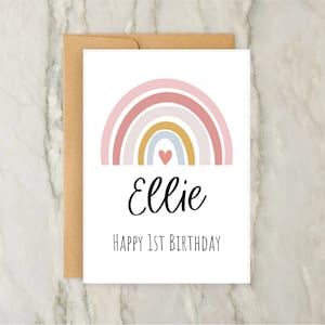 Tarjeta de primer cumpleaños arcoíris / Tarjeta de cumpleaños personalizada para niña / Tarjeta de felicitación personalizada por edad / Bebé / Nombre / A6 / 5x7