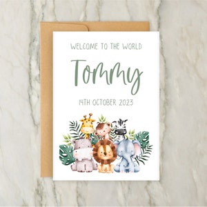 Nieuwe babykaart Safari Animal | Gepersonaliseerde nieuwe babykaart | Aangepaste naamkaart | Nieuwe kaart voor ouders | Gefeliciteerd | A6 | 5x7