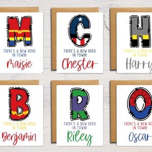Tarjeta de superhéroe para recién nacidos / Tarjeta de felicitación personalizada / Personalizada / Recién nacido / Felicitaciones / Nuevos padres / Bebé / A6 / 5x7