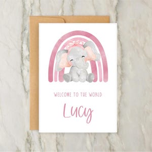 Rosa Elefant neue Baby Mädchen Karte | Personalisierte Grußkarte | Benutzerdefinierte Karte | Neue Eltern | Herzlichen Glückwunsch | DIN A6 | 5x7