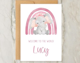 Pink Elephant New Baby Girl Card | Personalised Greeting Card | Custom Card | New Parents | Congratulations | A6 | 5x7