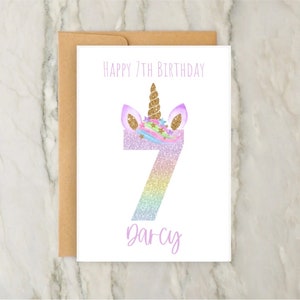 Tarjeta de cumpleaños número 7 de unicornio / Tarjeta de felicitación personalizada para niñas / Tarjeta de edad personalizada / Cumpleaños de niñas / Tarjeta con número / A6 / 5x7