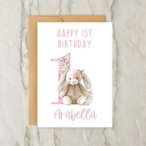 Kaninchen Karte zum 1.Geburtstag | Personalisierte Baby Mädchen Grußkarte | Benutzerdefinierte Nummer Karte | DIN A6 | 5x7