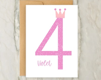 4th Birthday Card | Personalised Girls Greeting Card | Custom Age Card | Number | Crown | A6 | 5x7