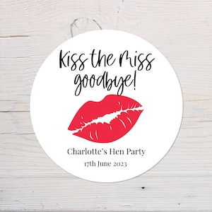 Etiquetas para despedida de soltera Kiss The Miss Goodbye / Pegatinas personalizadas para despedida de soltera / Regalos de fiesta / Pegatinas circulares / 37 mm / 64 mm / Futura novia