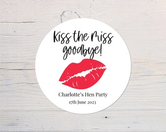 Kiss The Miss Goodbye Hen Party Labels | Personalised Bridal Shower Stickers | Party Favours | Circular Stickers | 37mm | 64mm | Bride To Be