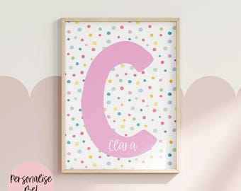 Multi Colour Spotty Initial & Name Print | Personalised Wall Art | Custom Children’s Decor | Bedroom | Playroom | 6x4 | A5 | A4 | 8x10 |A3