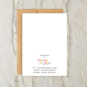 May include: A white greeting card with a brown envelope behind it. The card features the text "DESIGNED & PRINTED BY" above a colorful "Chestnut Creations" logo, followed by "ETSY - CHESTNUTCREATIONSUK.ETSY.COM", "FACEBOOK - @CHESTNUTCREATIONSUK", and "INSTAGRAM - @CHESTNUT_CREATIONS_UK".