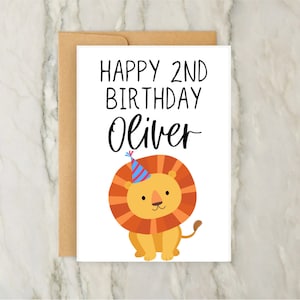 Tarjeta de cumpleaños de león / Tarjeta de felicitación infantil personalizada / Tarjeta de edad personalizada / Animal / Safari / Niños / A6 / 5x7