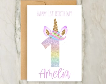 Unicorn 1st Birthday Card | Personalised GIrls Greeting Card | Custom Age Card | GIrls Birthday | Number Card | A6 | 5x7