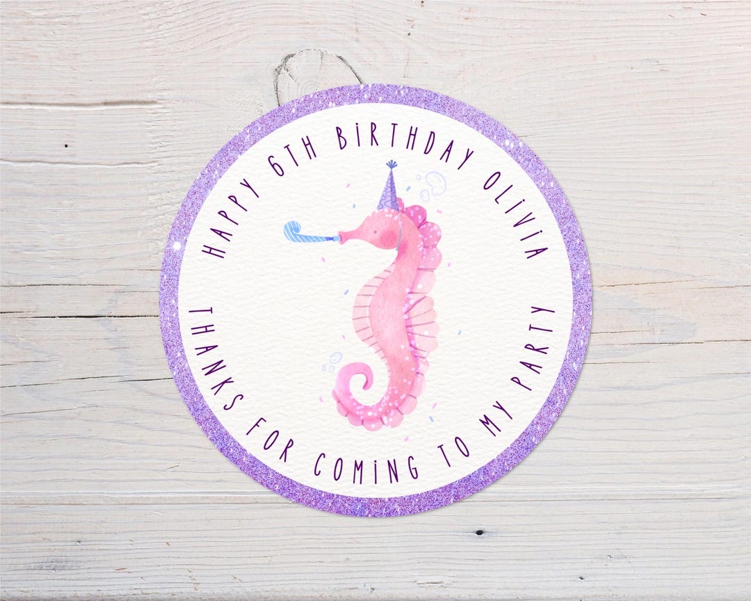 Seahorse Birthday Labels Personalised Childrens Party Favours Custom Party Bag Stickers Girls ...