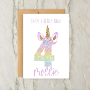 Einhorn Karte zum 4. Geburtstag | Personalisierte Mädchen Grußkarte | Benutzerdefinierte Alterskarte | Mädchen Geburtstag | Zahlkarte | DIN A6 | 5x7