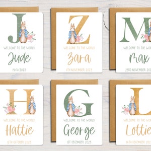 Peter Rabbit Baby Karte | Personalisierte neue Babykarte | Benutzerdefinierte Namenskarte | Baby Initialen Karte | Geburts-Details | Herzlichen Glückwunsch | DIN A6 | 5x7