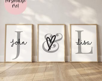 Couples Name & Initial Set of Three Prints | Personalised Wall Art | Custom Home Decor | Gift Idea | 6x4 | A5 | A4 | 8x10 | A3