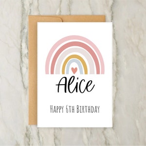 Biglietto di auguri per il 6° compleanno arcobaleno / Biglietto di auguri di compleanno personalizzato per bambine / Biglietto di auguri personalizzato per l'età / Neonato / Nome / A6 / 5x7