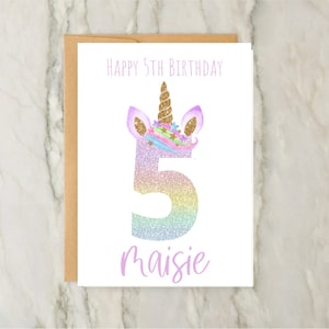 5ème carte d'anniversaire de licorne | de voeux personnalisée pour filles | Carte d'âge personnalisée | Anniversaire Fille | carte numérique | A6 | 5 x 7