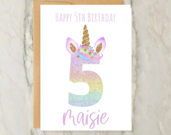5ème carte d'anniversaire de licorne | de voeux personnalisée pour filles | Carte d'âge personnalisée | Anniversaire Fille | carte numérique | A6 | 5 x 7