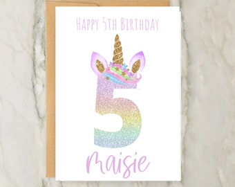 Unicorn 5th Birthday Card | Personalised GIrls Greeting Card | Custom Age Card | GIrls Birthday | Number Card | A6 | 5x7