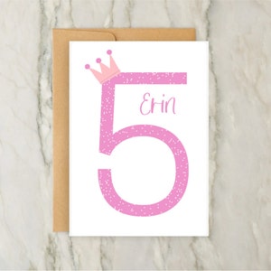 5ème carte d'anniversaire | de voeux personnalisée pour filles | Carte d'âge personnalisée | Numéro | Couronne | A6 | 5 x 7
