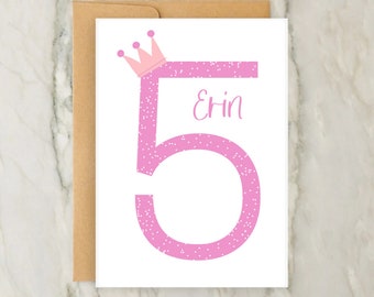 Karte zum 5. Geburtstag | Personalisierte Mädchen Grußkarte | Benutzerdefinierte Alterskarte | Anzahl | Krone | DIN A6 | 5x7