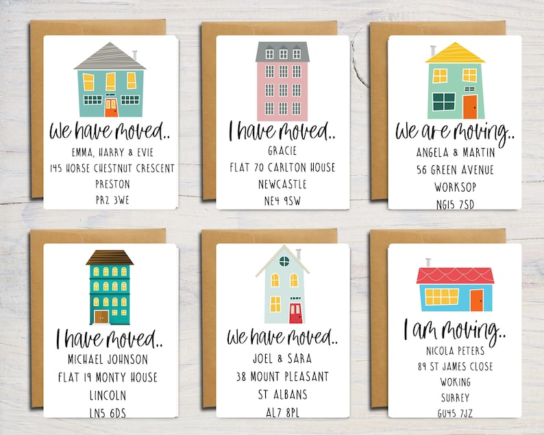May include: Six white rectangular greeting cards with brown envelopes, each featuring a colorful house illustration and personalized moving announcement text including names and addresses, such as We have moved, I have moved, We are moving, and I am moving.