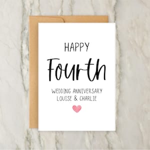 Gelukkige vierde huwelijksverjaardag kaart | Gepersonaliseerde wenskaart | Kaart 4e verjaardag | Bruiloft | A6 | 5 x 7"