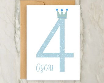 4th Birthday Card | Personalised Boys Greeting Card | Age Card | Number | Crown | A6 | 5x7