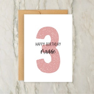 Cartão de 3º aniversário | Cartão de felicitações personalizado para meninas | Cartão de número personalizado | A6 | 5x7