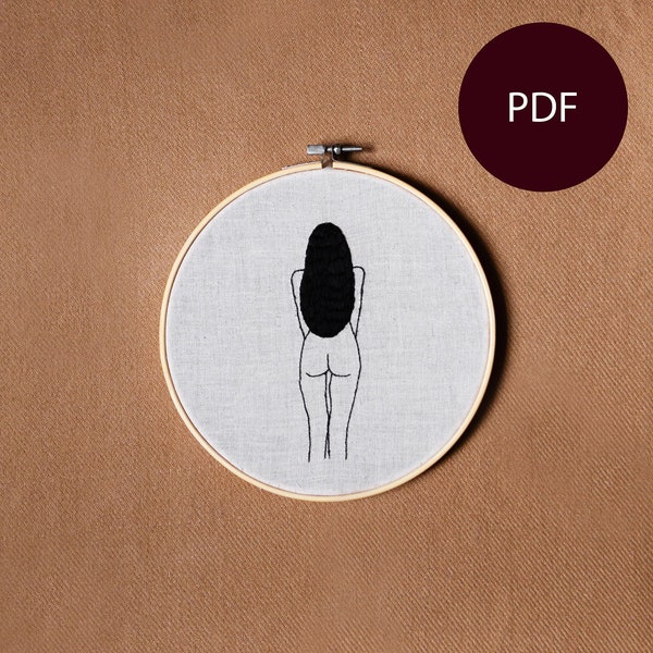 PDF embroidery pattern, one line naked girl, portrait, body, nude, long hair, butt, brave, sexy, minimalism, line art, INSTANT DOWNLOAD