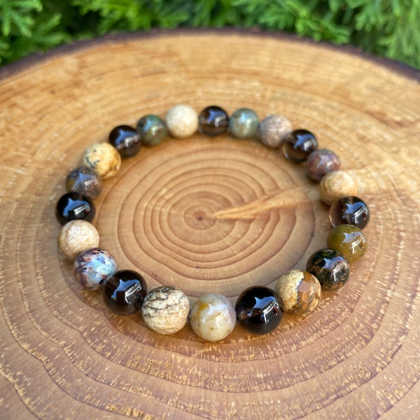 Earthly Resilience - African Opal, Picture Jasper, Smoky Quartz, Crystal Bracelet - Transmute Disharmony, Ground - Handmade Gemstone Jewelry