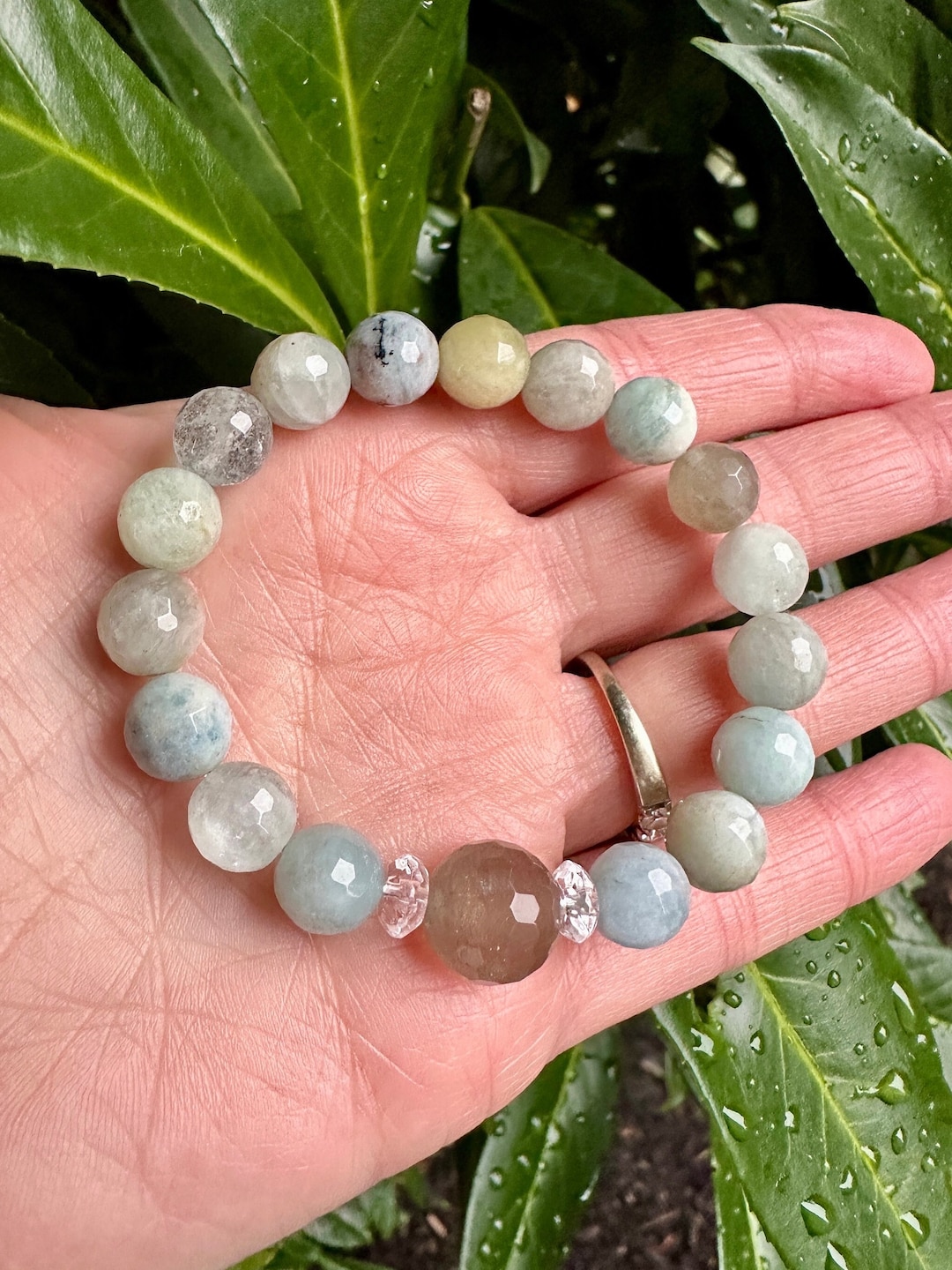 Aquamarine, Moonstone Gemstone Bracelet Peaceful Energy Healing Wrist Mala Beads Natural