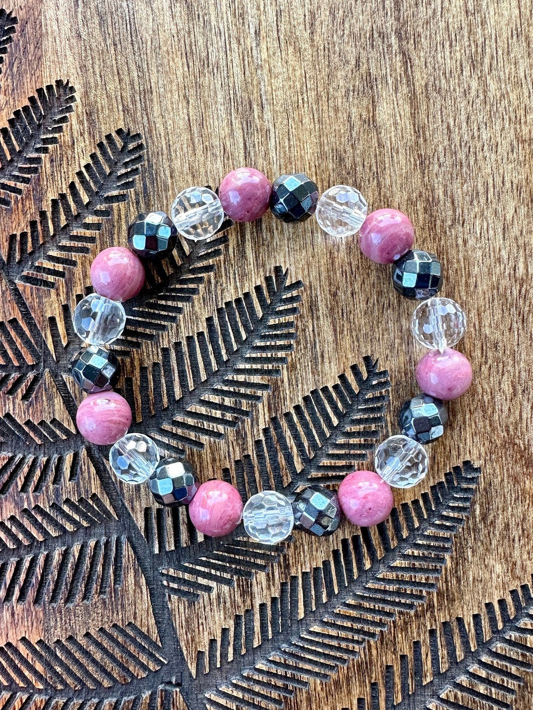 Rhodonite, Hematite, Clear Quartz Crystal Bracelet - Healing Gemstone ...