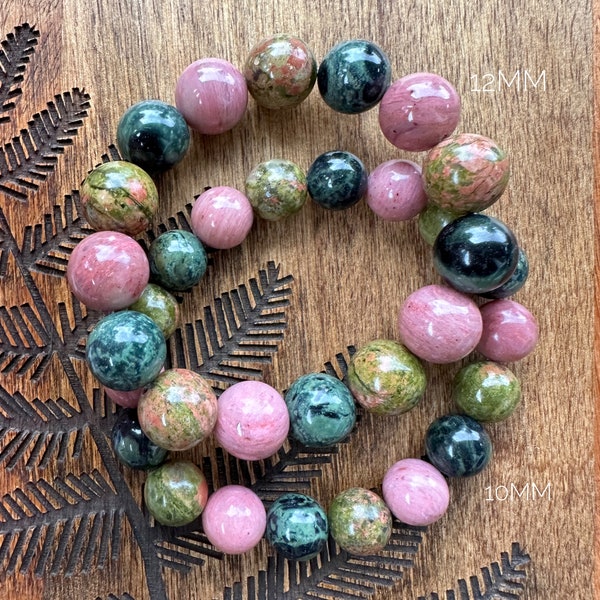 Rhodonite, Kambaba Jasper, Unakite Gemstone Bracelet - Harmonize Emotions - Healing Wrist Mala Beads - Chunky Crystal Jewelry - Pink, Green