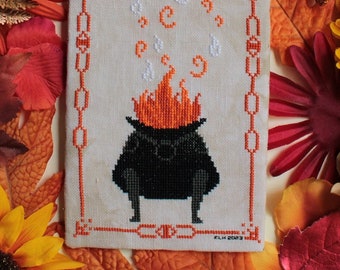 Inferno Cauldron - Halloween Fire Potion Cross Stitch Pattern - PDF Digital Download