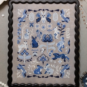 Puede incluir: Un bordado de punto de cruz rectangular que presenta varias figuras de conejos, motivos florales y patrones decorativos en tonos azules y blancos sobre un fondo de tela gris claro, encerrado en un marco negro con borde festoneado.