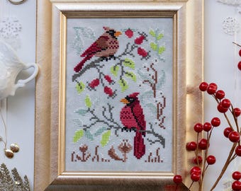 Dawn Frost Nature Walk Cross Stitch Pattern PDF Digital Download - Red Cardinals with Frosty Leaves and Berries