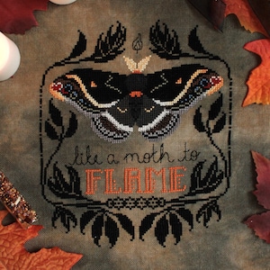 Like a Moth to Flame Cross Stitch Pattern - Large Calleta Silkmoth Black and Orange Gothic Design - Words and Phrases - PDF Download