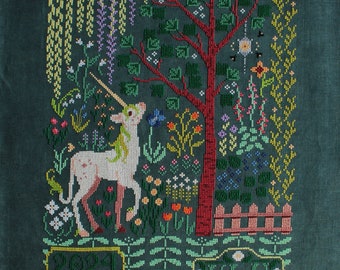 The Unicorn's Garden Cross Stitch Pattern - Botanical Sampler Inspired by the Unicorn Rests in a Garden Medieval Tapestry - PDF Download