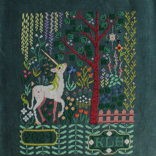 The Unicorn's Garden Cross Stitch Pattern - Botanical Sampler Inspired by the Unicorn Rests in a Garden Medieval Tapestry - PDF Download