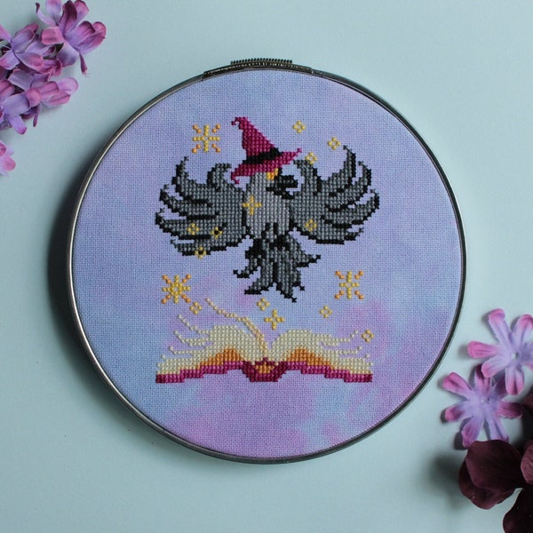 The Witch's Apprentice - Crow Familiar with Magic Spellbook Cross Stitch Pattern - PDF Download