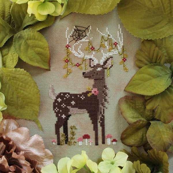 Spring Spirit - Mushroom and Fern Seasonal Deer Spirit Cross Stitch Pattern - PDF Digital Download