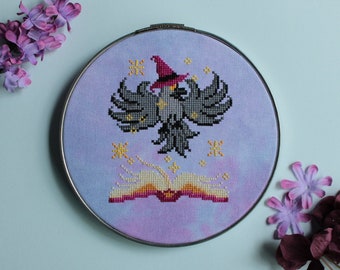 The Witch's Apprentice - Crow Familiar with Magic Spellbook Cross Stitch Pattern - PDF Download