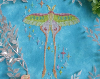 Saturniidae Satellite Cross Stitch Pattern - Pastel Celestial Chinese Moon Moth - Stars and Moon Insect - PDF Download