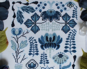 Delft Blooms - Blue Flowers and Motifs Cross Stitch Pattern - PDF Download