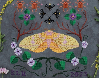 Summer Nights - Imperial Moth, June Beetles, Fireflies, and Moonflowers Cross Stitch Pattern - PDF Download