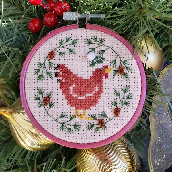 Yuletide Chickens, Pine Boughs - PDF Cross Stitch Pattern - Christmas Cross Stitch Ornament Pattern