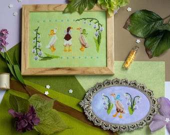 Ducks in a Bow Cross Stitch Pattern - Coquette Ducks with Ribbons and Lily of the Valley Flowers - Spring and Summer - PDF Digital Download